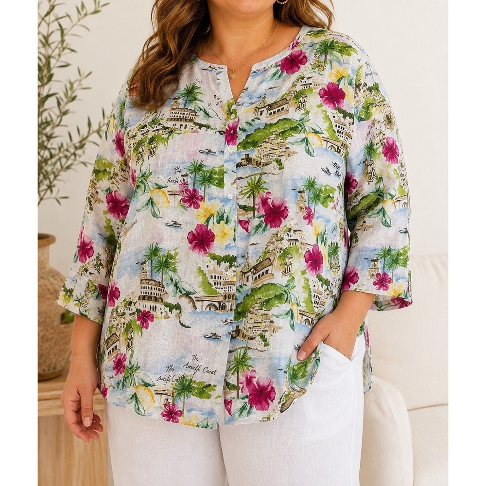 Cynthia Rowley 1X 100% Linen Amalfi Coast Scenic Print Button Front Blouse
